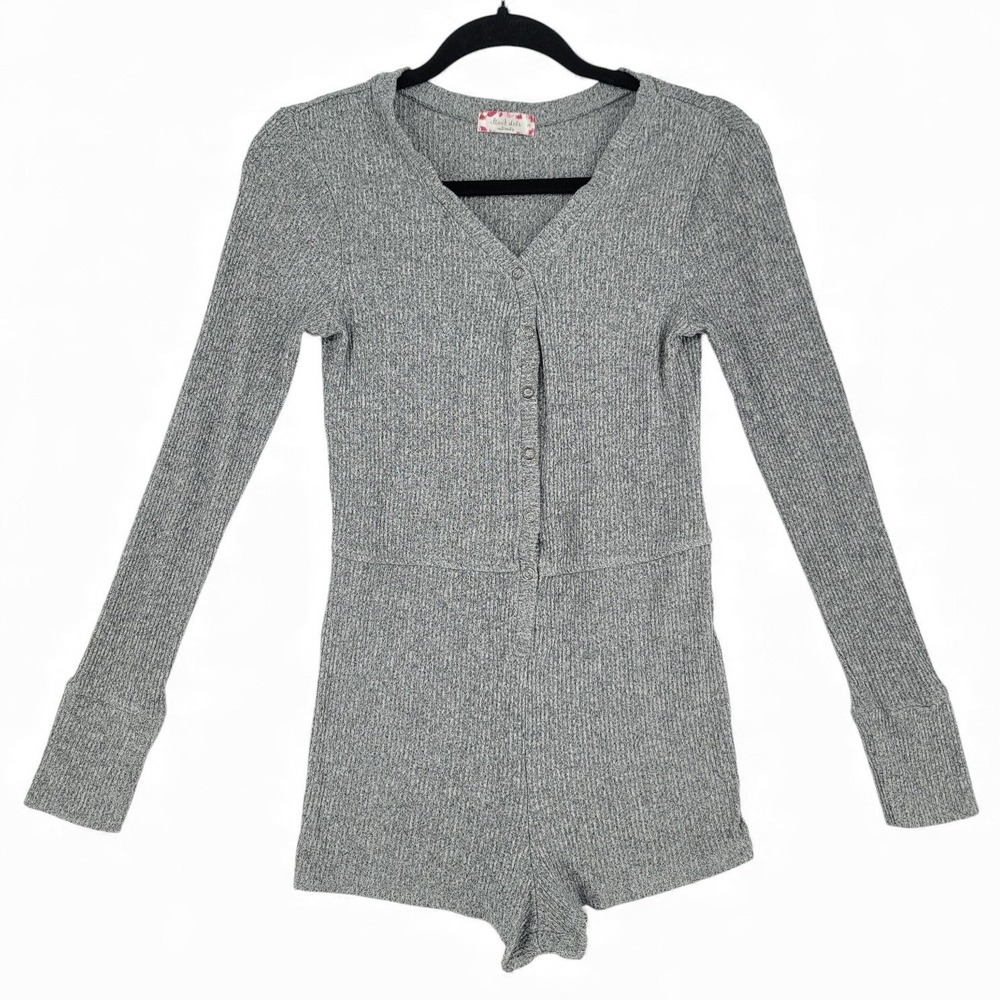 Altar'd State Ribbed Knit Romper M Gray‎ Long Sleeve Loungewear Button Front